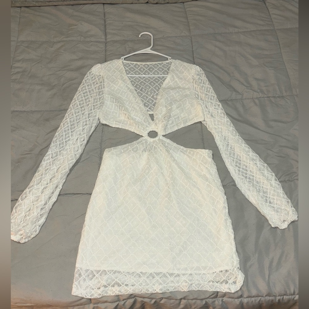 SHEIN SXY Lantern Sleeve Cutout Waist Lace Overlay Dress
